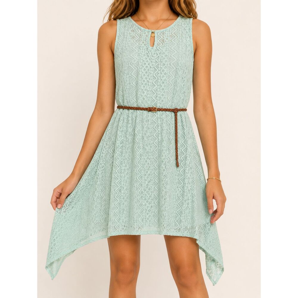 NWT Mudd Girls Size 16 Mint Green Crochet Lace Belted Handkerchief Dress